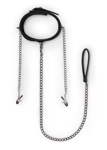 Easytoys Leather Collar With Nipple Chains - Zaciski na sutki, Czarny
