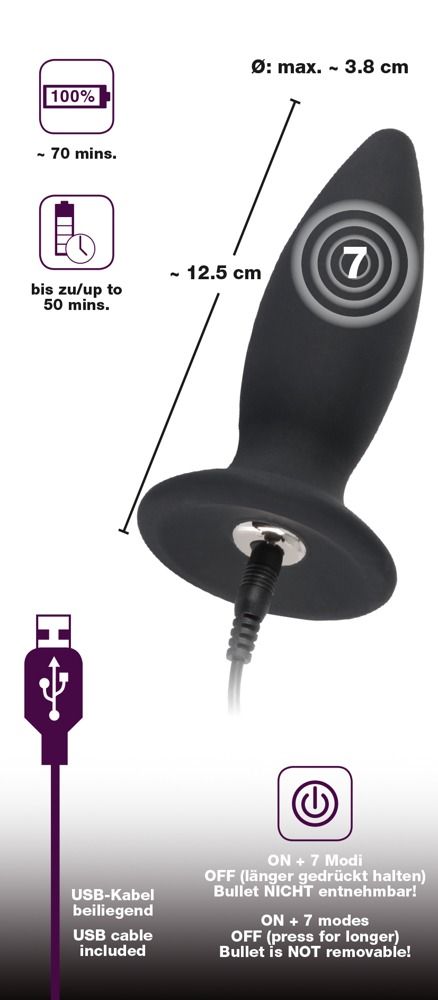 Анальна пробка Black Velvets Rechargeable Plug M, 12,5 см (чорний)