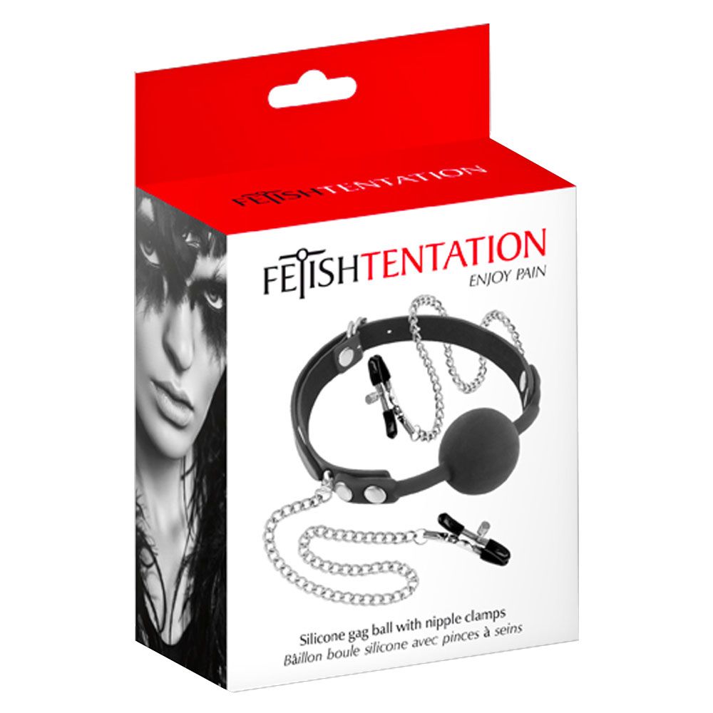 Кляп с зажимами для сосков Gag Ball With Nipple Clamps, 4 см (черный)
