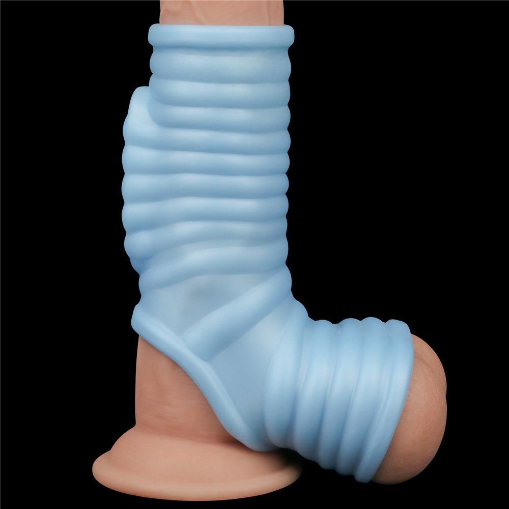 Насадка на пенис с вибрацией LoveToy Knights Ring Vibrating Wave With Scrotum Sleeve, 14,4 см (голубой)