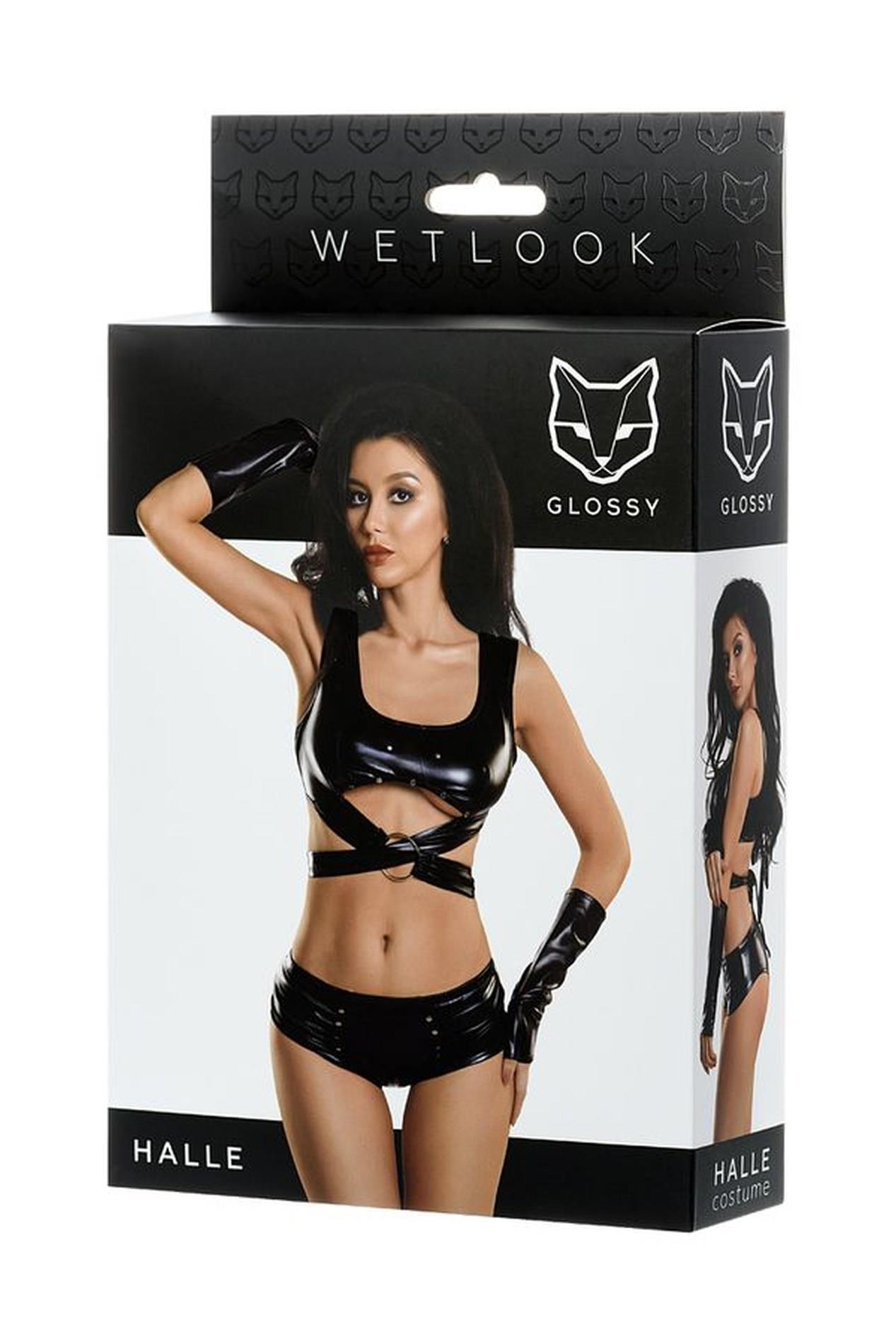 Сексуальный комплект Glossy Wetlook Halle Set, S (черный)