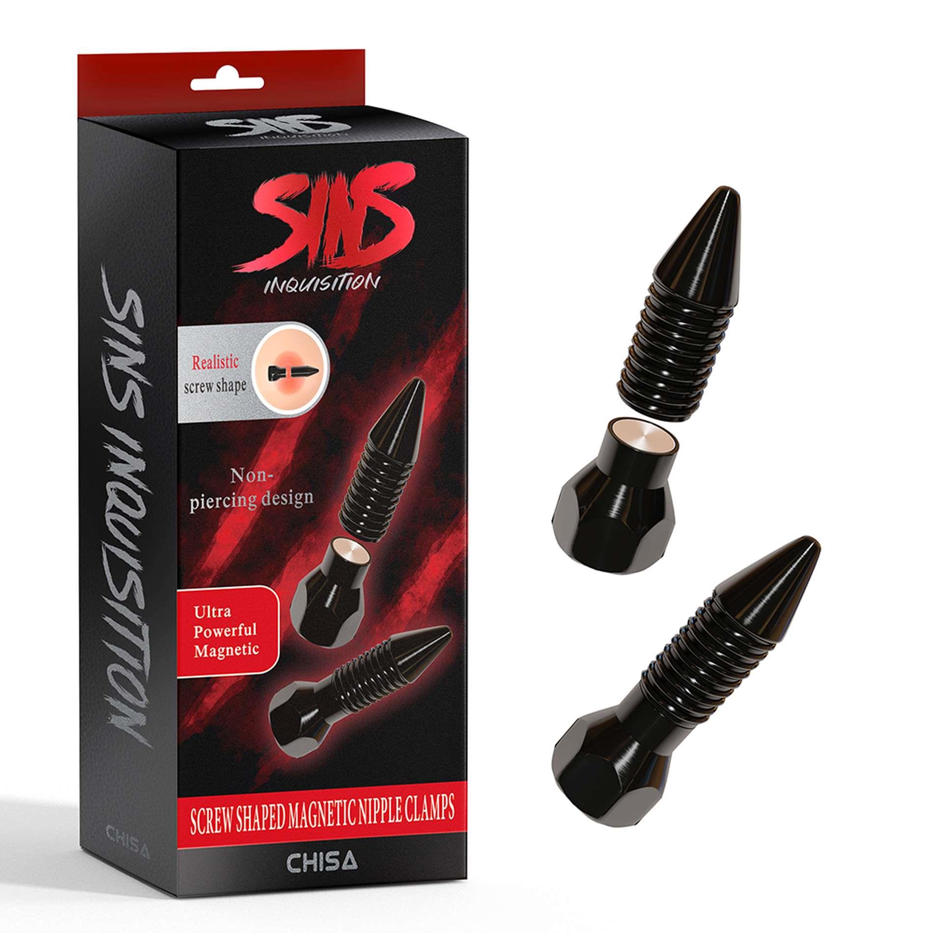 Sins Screw Shaped Magnetic Nipple Clamps - Zaciski na sutki, Czarny, 4.2 cm
