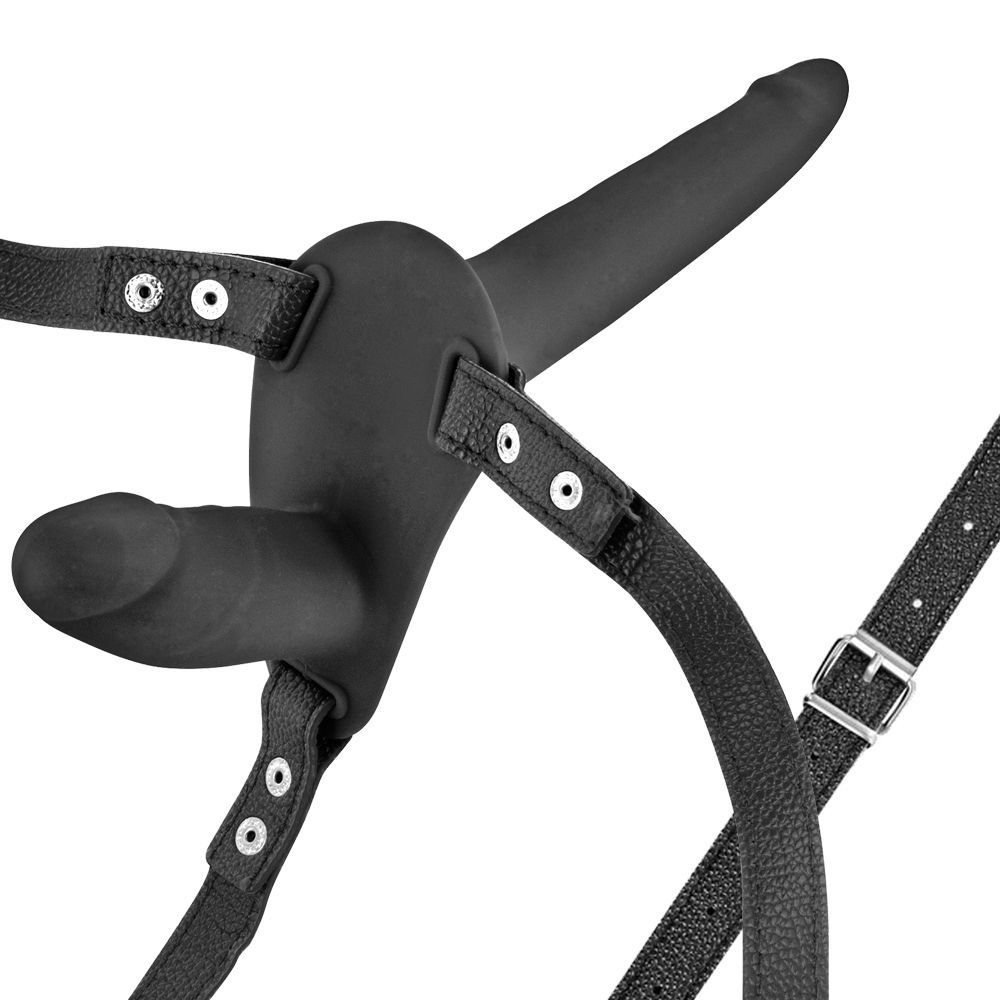 Двойной страпон Fetish Tentation Strap-On With Double Dildo, 15 см (черный)