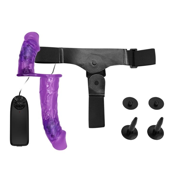 Двойной страпон с вибрацией Baile Ultra Passion Harness, 17,5 см (фиолетовый)