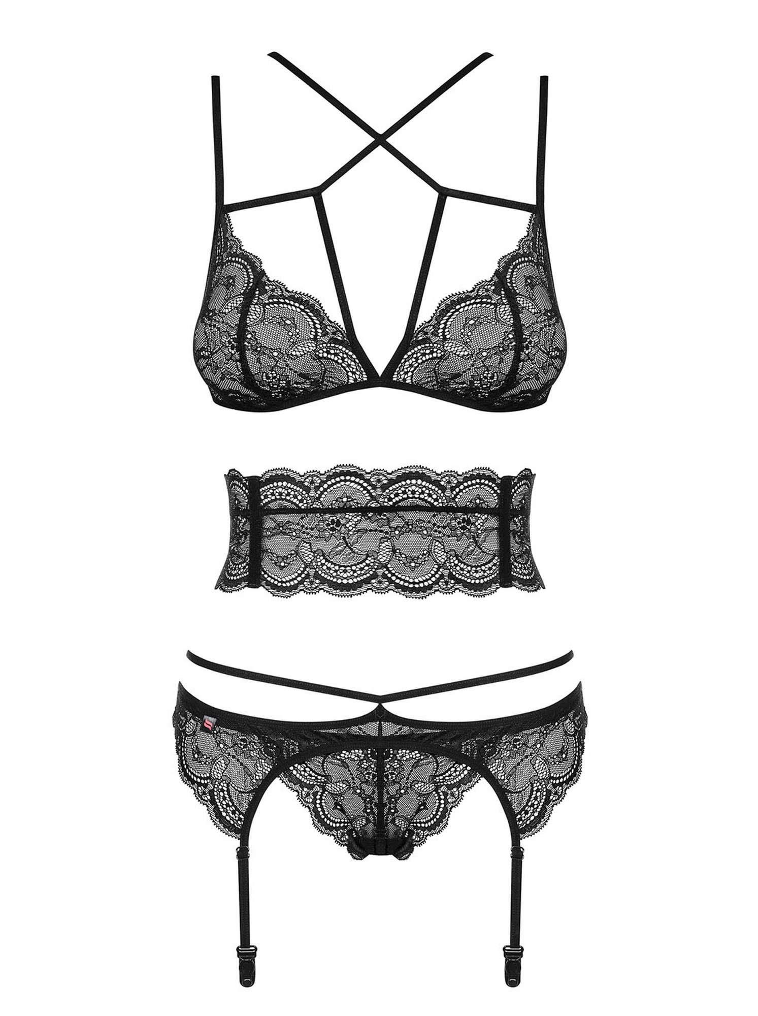 Кружевной комплект белья Obsessive Frivolla, S/M (черный)