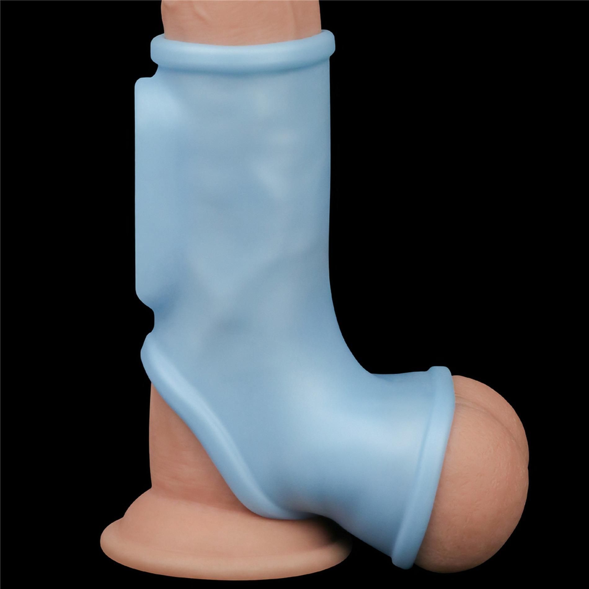 Насадка на пенис Knights Ring Vibrating Silk With Scrotum Sleeve (голубой)