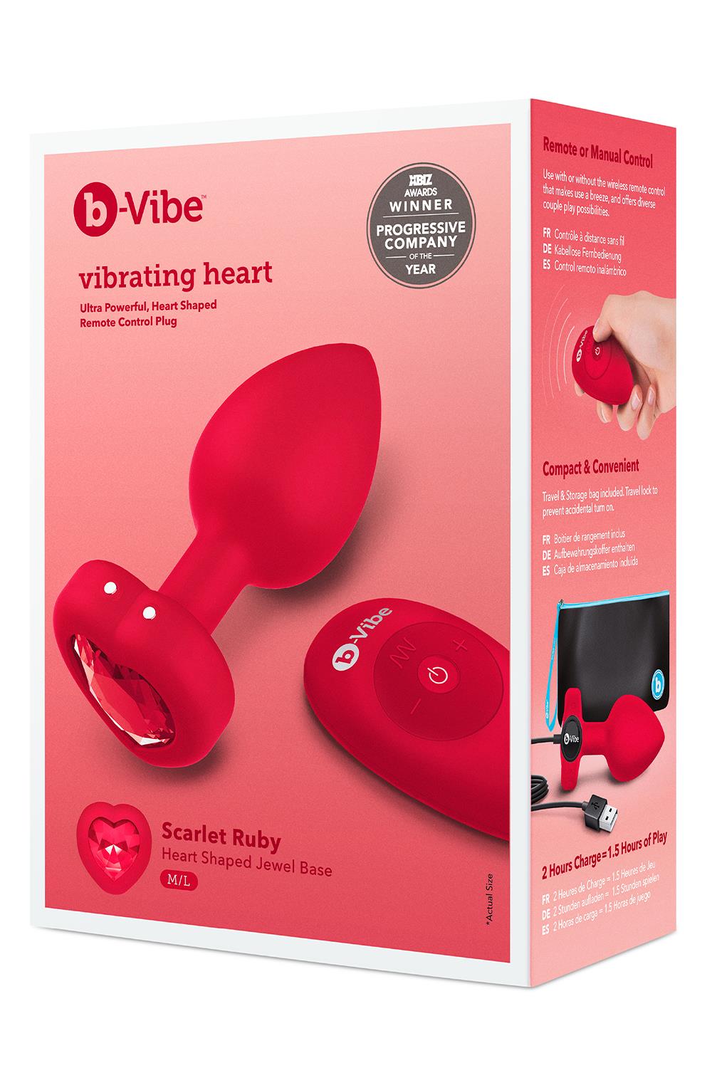 Korek analny B-Vibe Vibrating Heart M/L, 10,5 cm (czerwony)