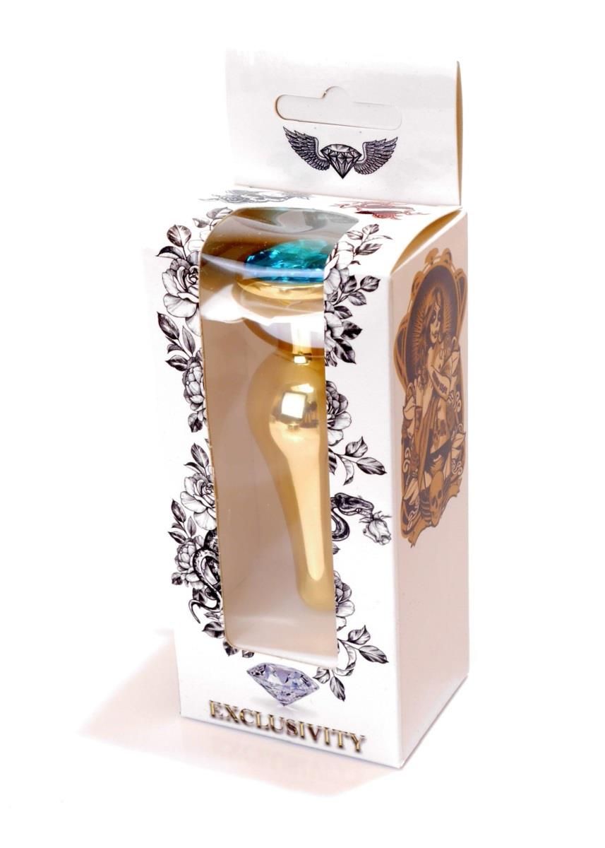 Металева анальна пробка з кристалом Boss Jewellery Gold Butt Plug Light, 9,5 см (блакитний)