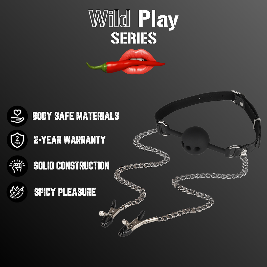 Кляп с зажимами для сосков Erospace Wild Play C15, (черный)