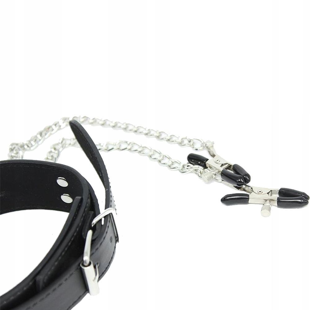 FETISH ADDICT Collar With Nipple Clamps - Obroża z klamerkami na sutki, Czarny, 51.5 cm
