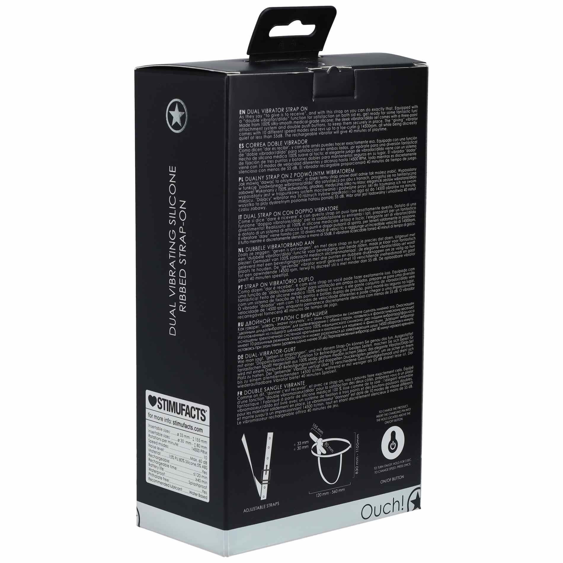 Страпон Ouch! Dual Vibrating Rechargeable, 15.5 см (чорний)