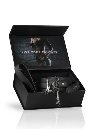 Easytoys Leather Collar With Nipple Chains - Zaciski na sutki, Czarny