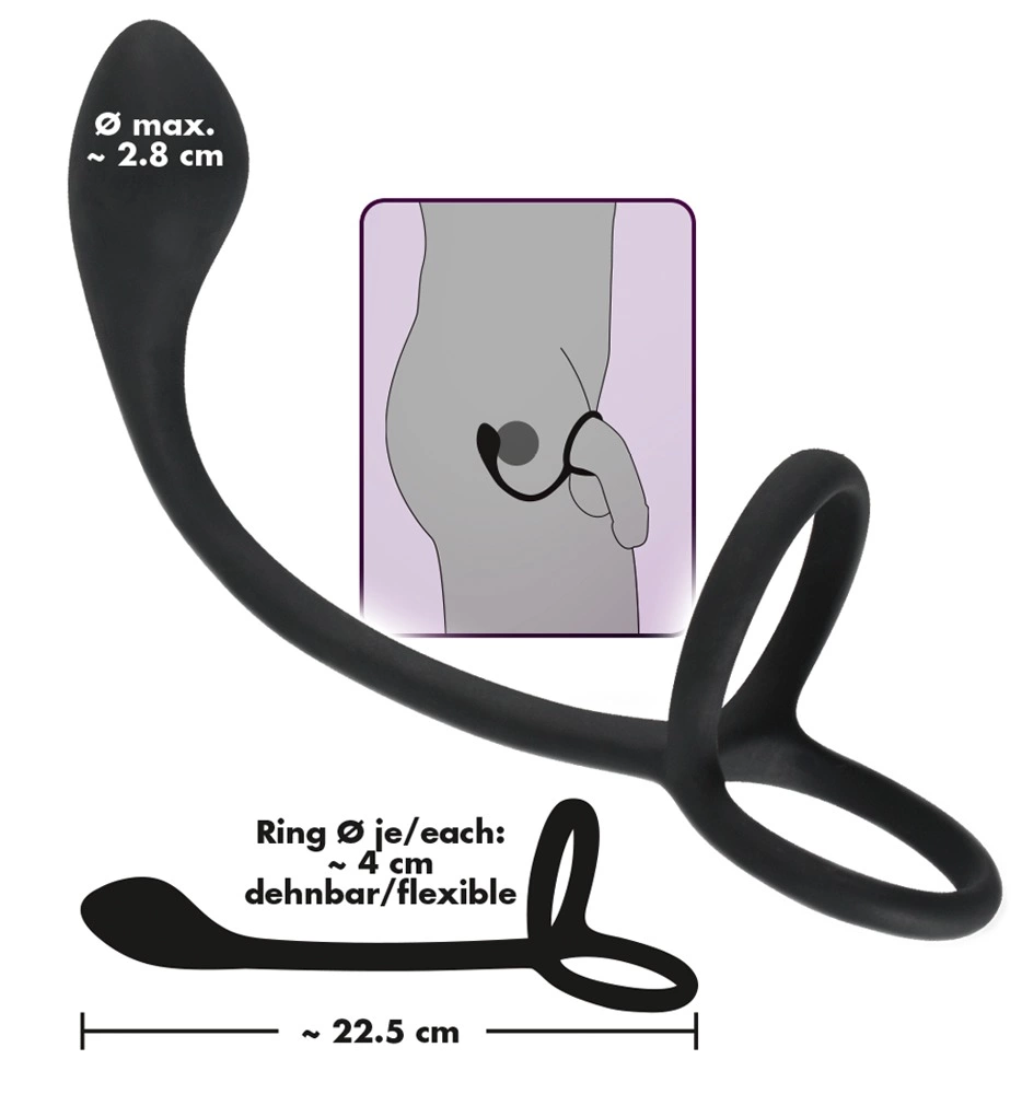 Эрекционное кольцо с анальным стимулятором Black Velvets Cock & Ball Ring, 22.5 см (черный)
