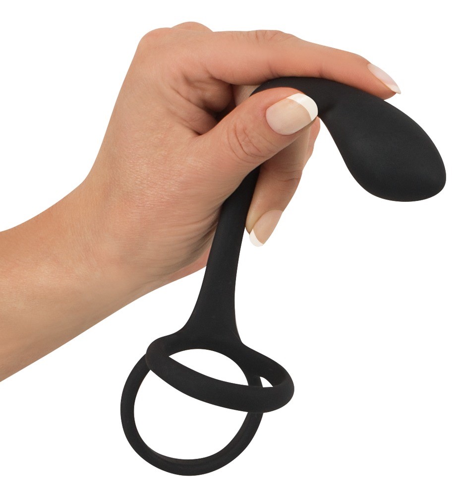 Эрекционное кольцо с анальным стимулятором Black Velvets Cock & Ball Ring, 22.5 см (черный)