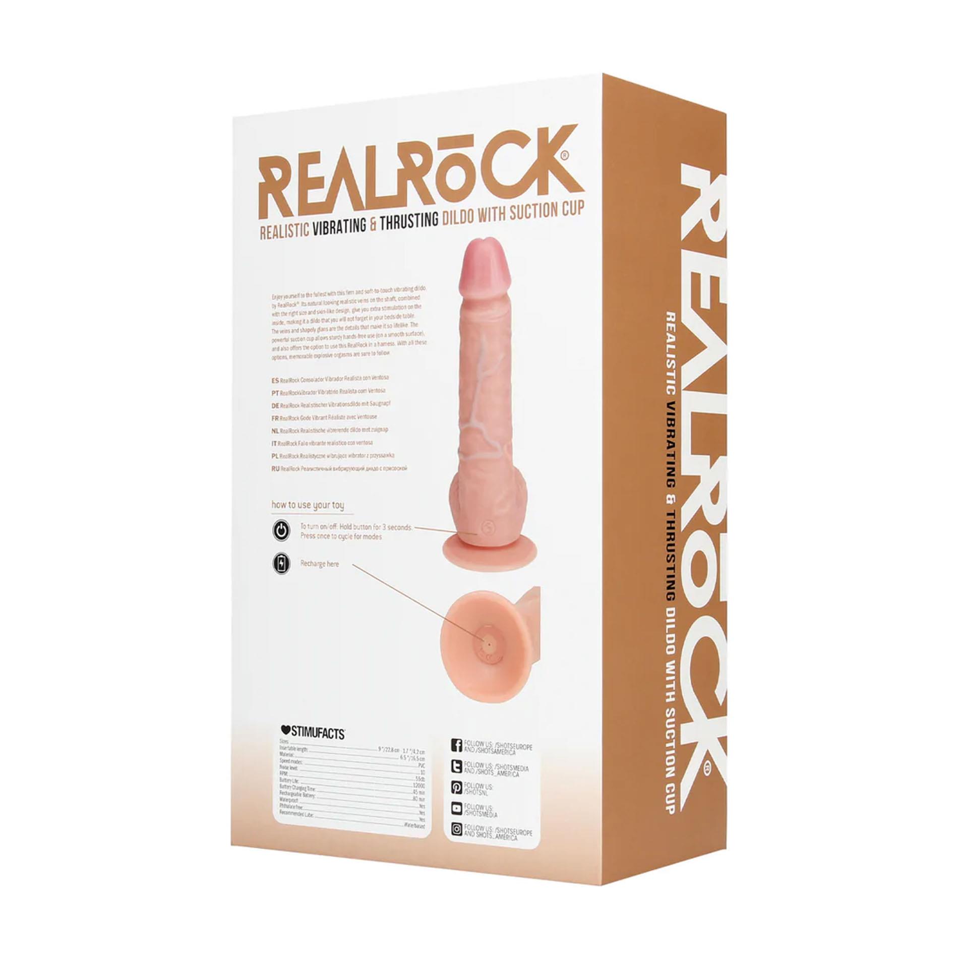 Вібратор RealRock Vibrating and Thrusting Straight Cock with Balls, 20.5 см (тілесний)
