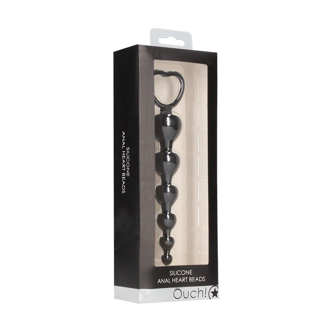 Ouch Anal Heart Beads - Łańcuszek analny, Czarny, 18.5 cm