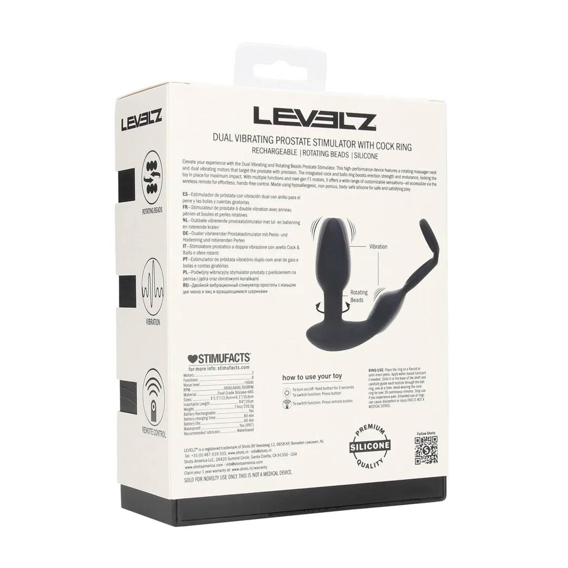 Levelz Dual Vibrating Remote Rotating Beads Silicone Prostate Stimulator with Cock and Ball Ring - Stymulator prostaty, Czarny, 17.3 cm