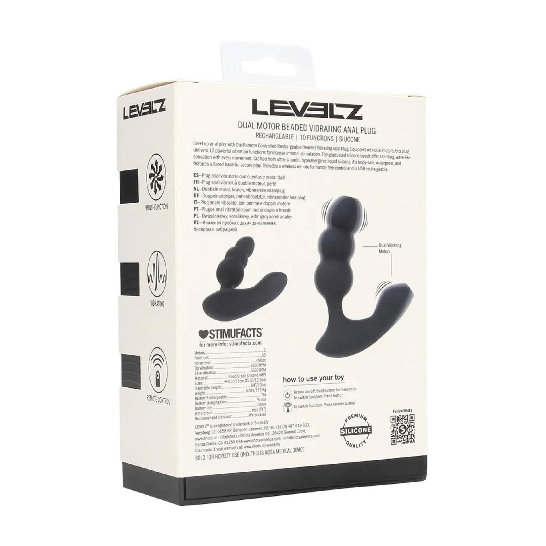 Levelz Dual Motor Remote Control Beaded Vibrating Liquid Silicone Prostate Stimulator - Wibrator analny, Czarny, 10 cm