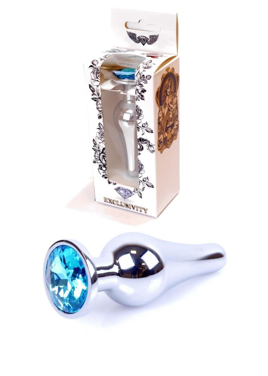 Металева анальна пробка з кристалом Boss Jewellery Silver Butt Plug Light, 9,5 см (блакитний)