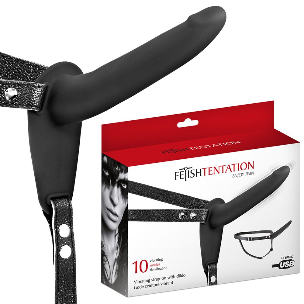 Страпон с вибрацией Fetish Tentation Vibrating Strap-On With Double Dildo, 15 см (черный)