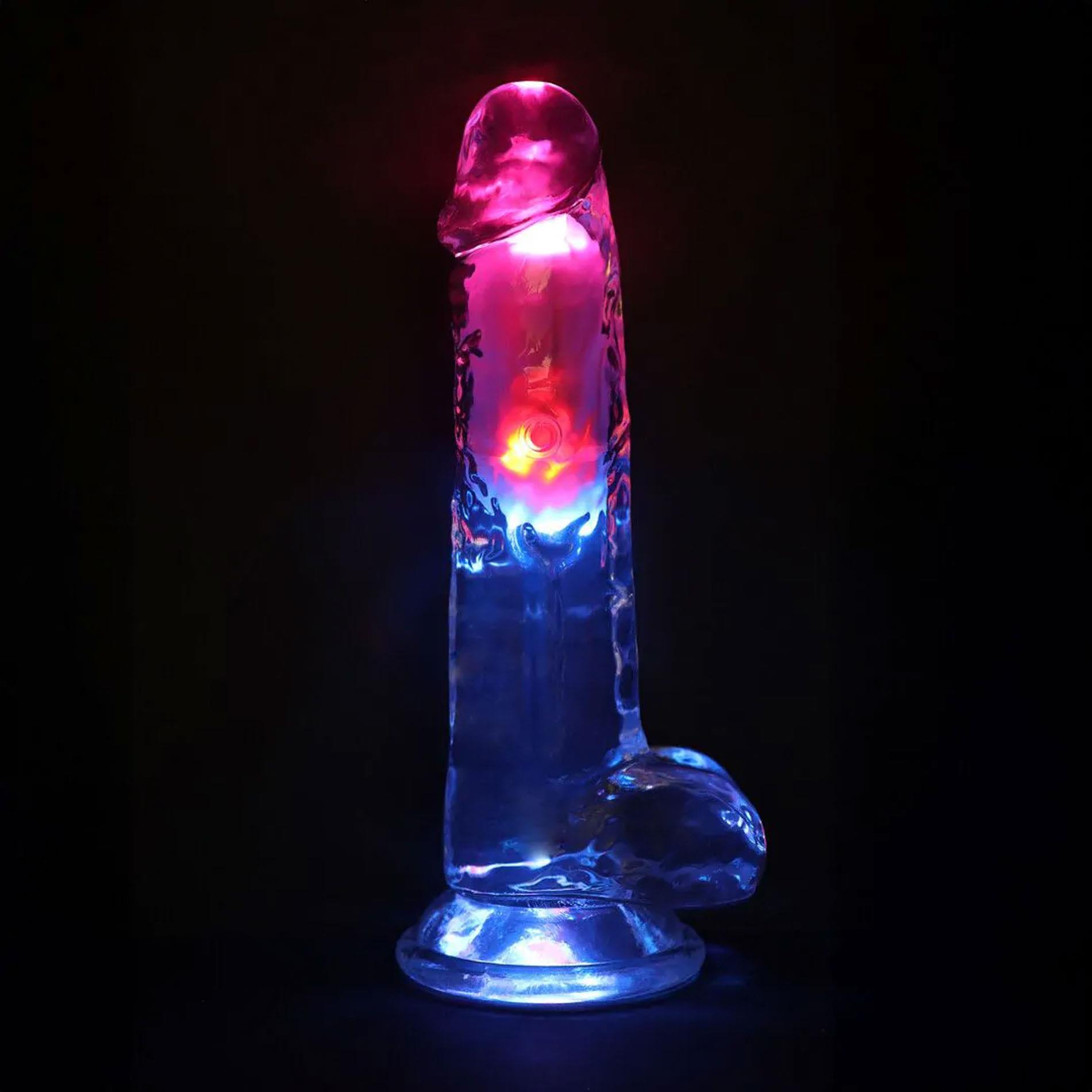 RealRock LED Vibrating Straight Cock with Balls - Dildo, Przezroczysty, 20 cm