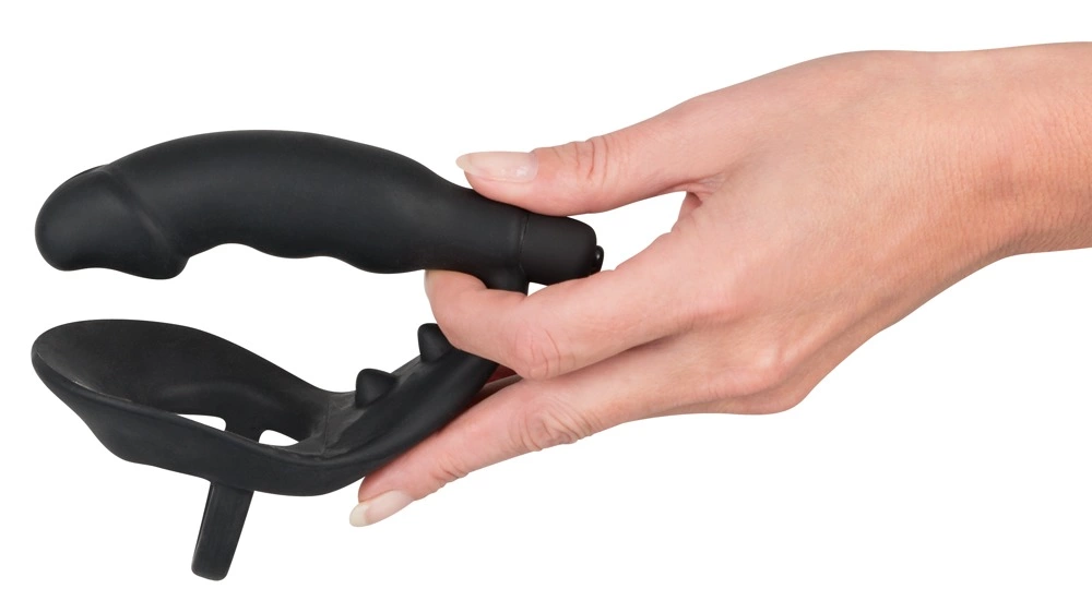 Black Velvets - Wibrujący pierścień erekcyjny z korkiem analnym, Czarny, 13.5 cm