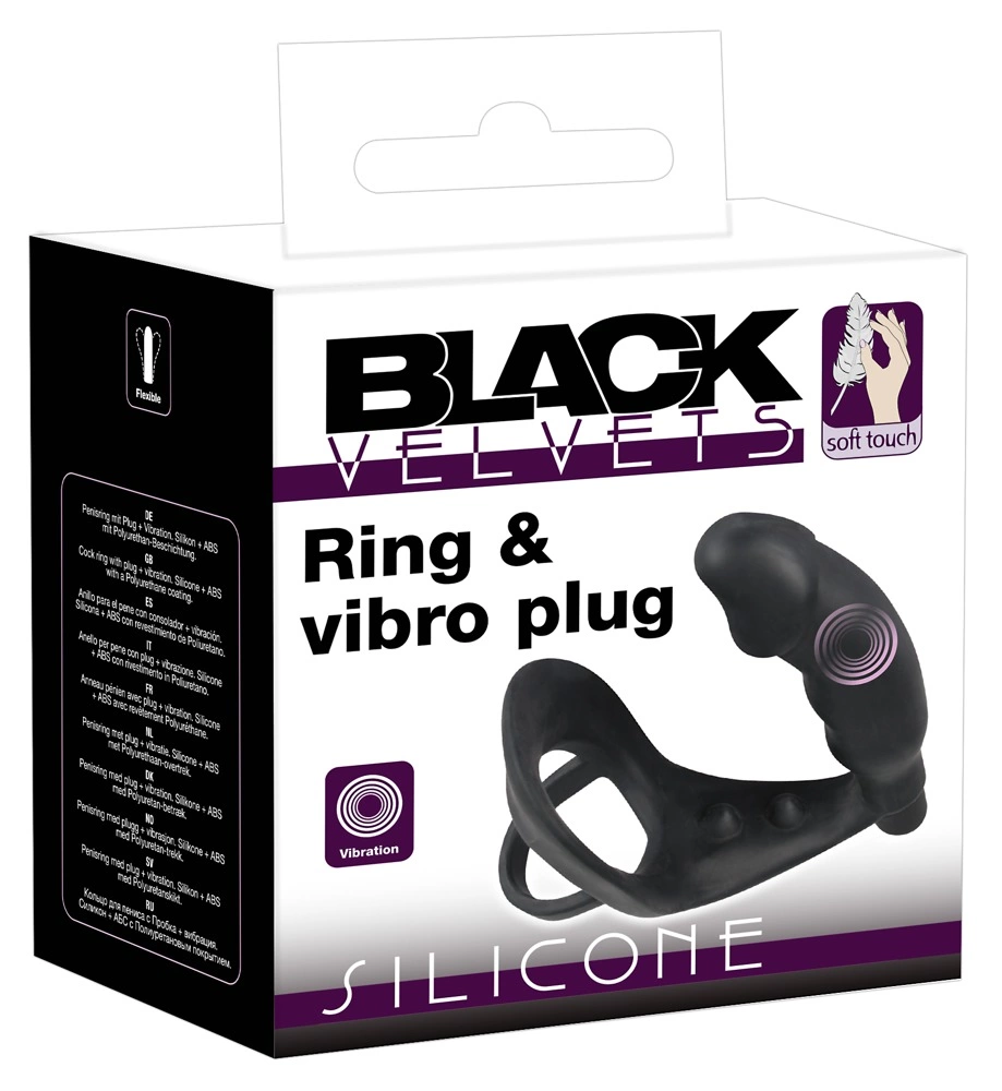 Black Velvets - Wibrujący pierścień erekcyjny z korkiem analnym, Czarny, 13.5 cm