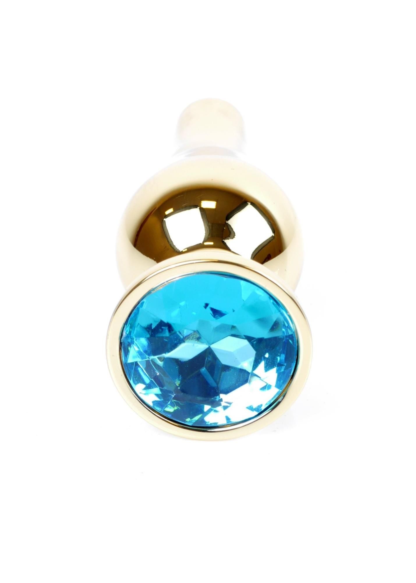 Металева анальна пробка з кристалом Boss Jewellery Gold Butt Plug Light, 9,5 см (блакитний)