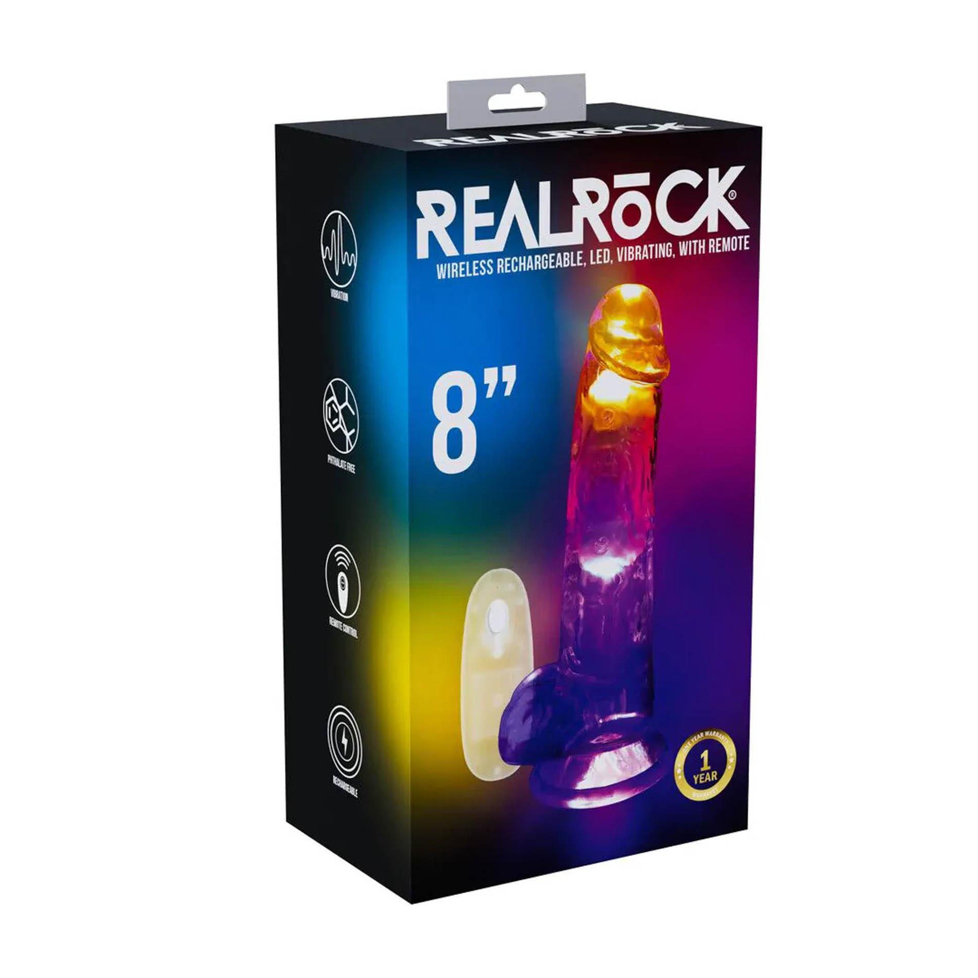 RealRock LED Vibrating Straight Cock with Balls - Dildo, Przezroczysty, 20 cm