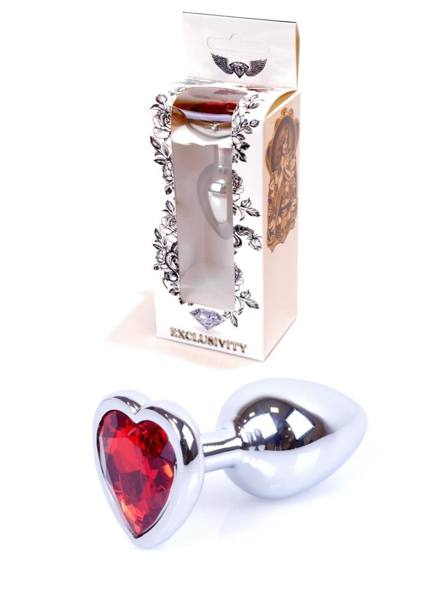 Анальна пробка з кристалом Jewellery Silver Heart Plug, 7х2.7 см (червоний)