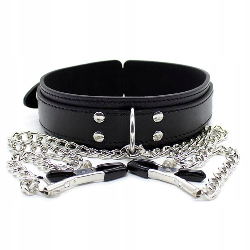 FETISH ADDICT Collar With Nipple Clamps - Obroża z klamerkami na sutki, Czarny, 51.5 cm