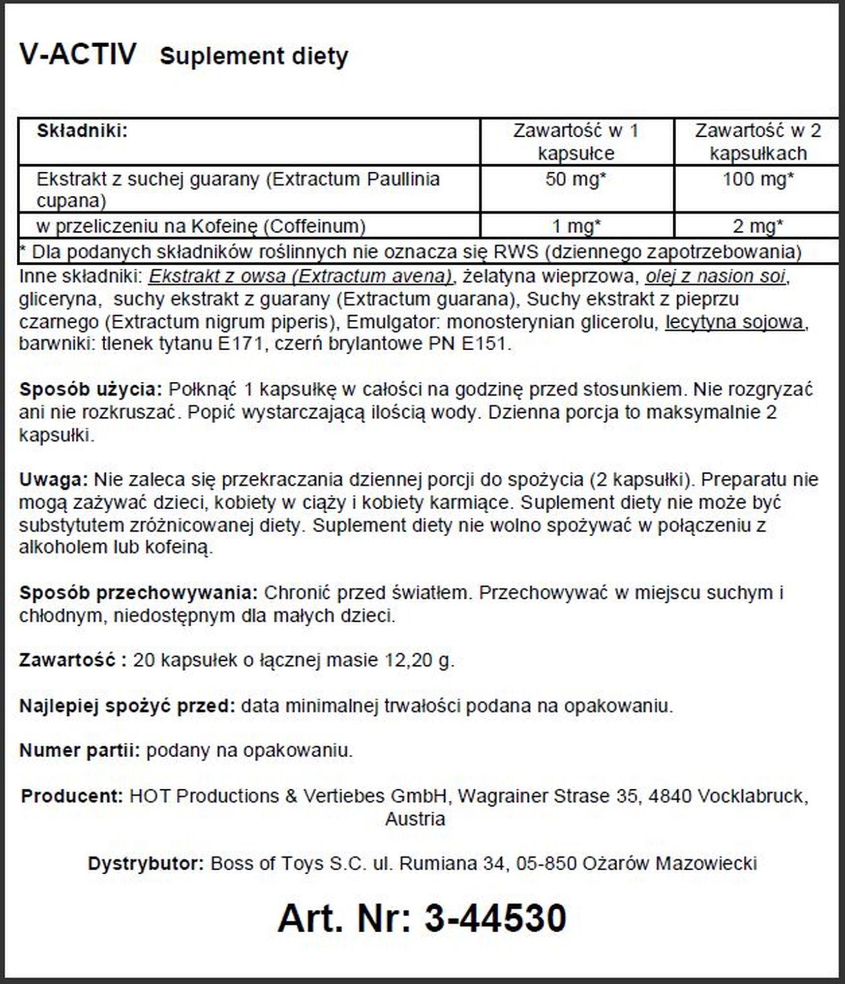 Мужские таблетки для продления эрекции  V-Activ For Men, 20 шт