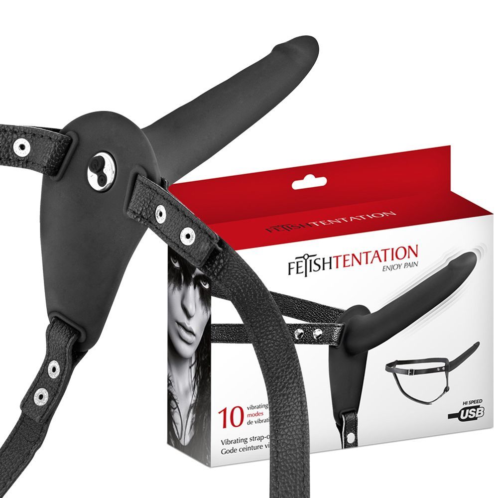 Страпон с вибрацией Fetish Tentation Vibrating Strap-On With Double Dildo, 15 см (черный)