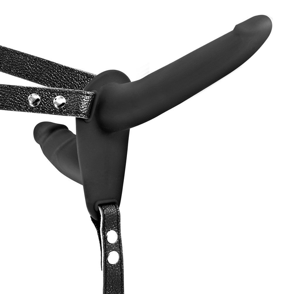 Двойной страпон с вибрацией на ремешке Fetish Tentation, 15 см (черный)