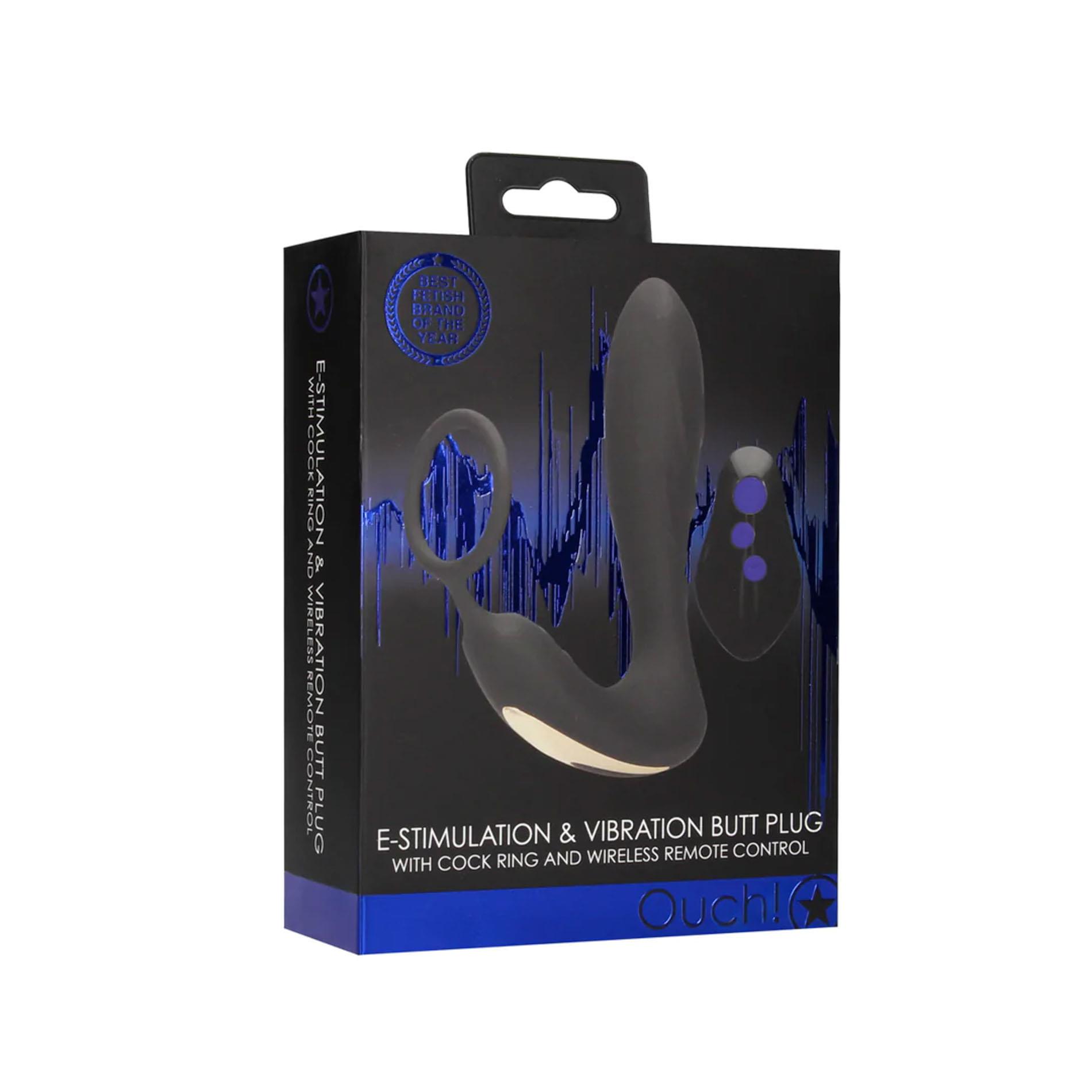 Анальна пробка Ouch! E-stim Vibrating Butt Plug Cockring, 14.5 см (чорний)