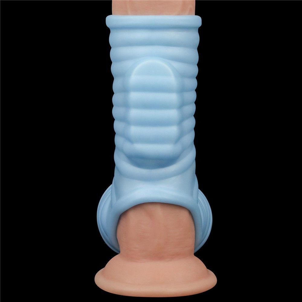 Насадка на пенис с вибрацией LoveToy Knights Ring Vibrating Wave With Scrotum Sleeve, 14,4 см (голубой)