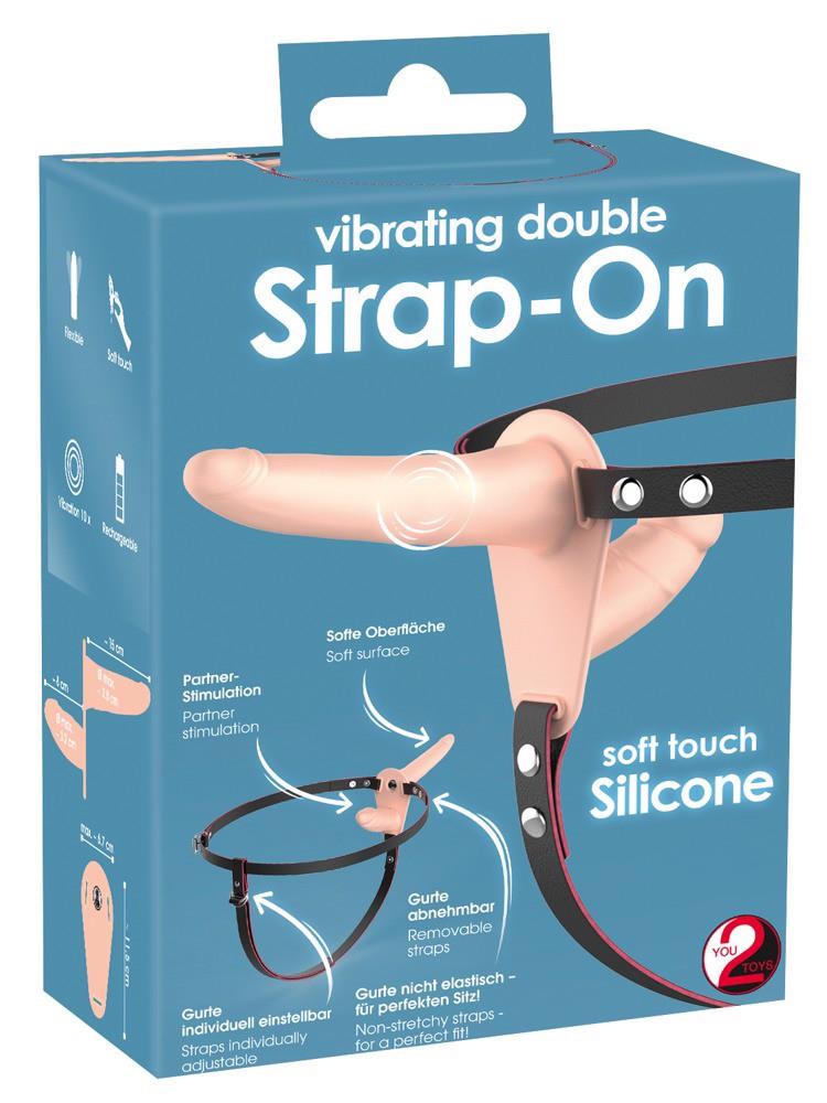 Podwójny strapon Vibrating Double Strap-On, 15,7 cm (cielisty)
