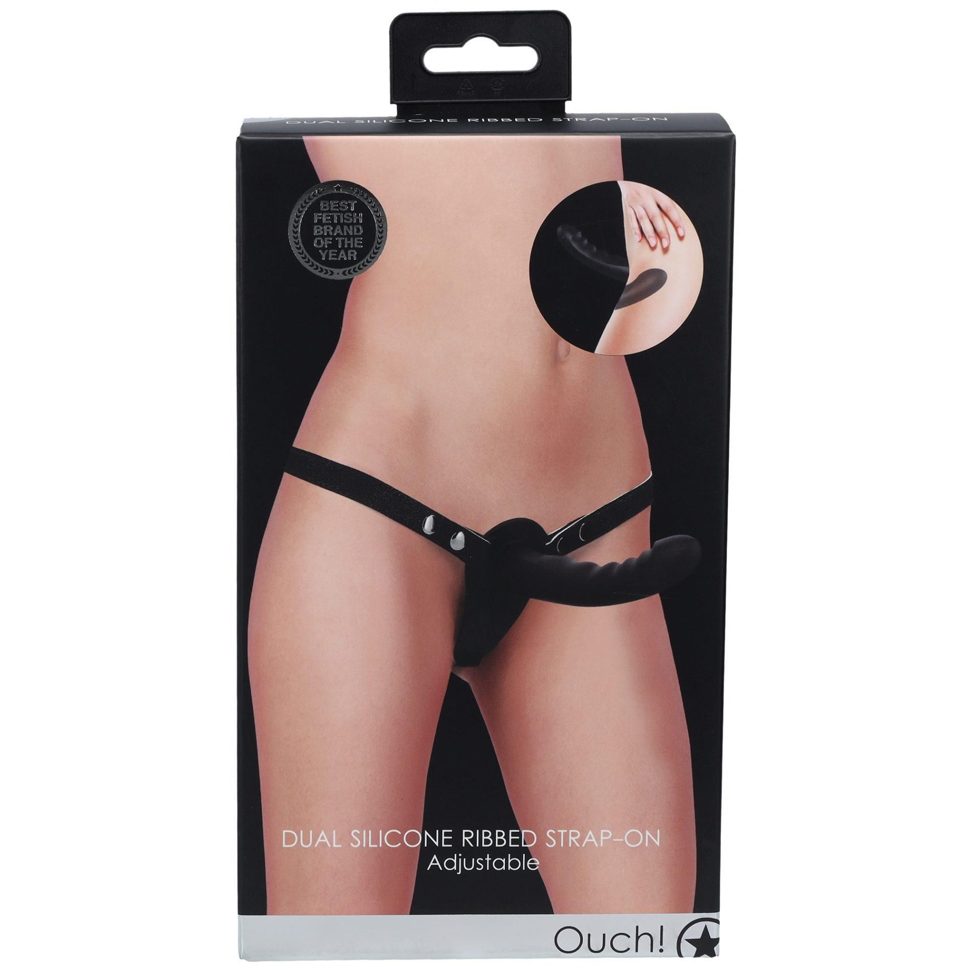 Pasek z podwójnym dildo Ouch! Dual Silicone Ribbed Strap-On, regulowany, czarny