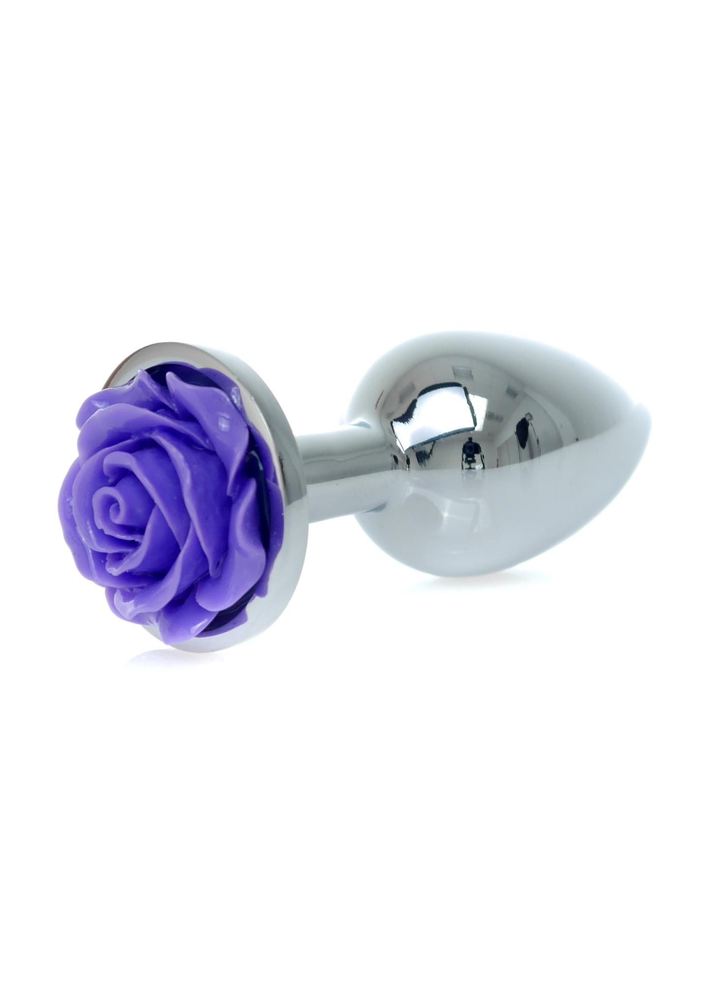 Metalowy korek analny Boss Jewellery Silver Plug Rose, 9 cm (fioletowy)