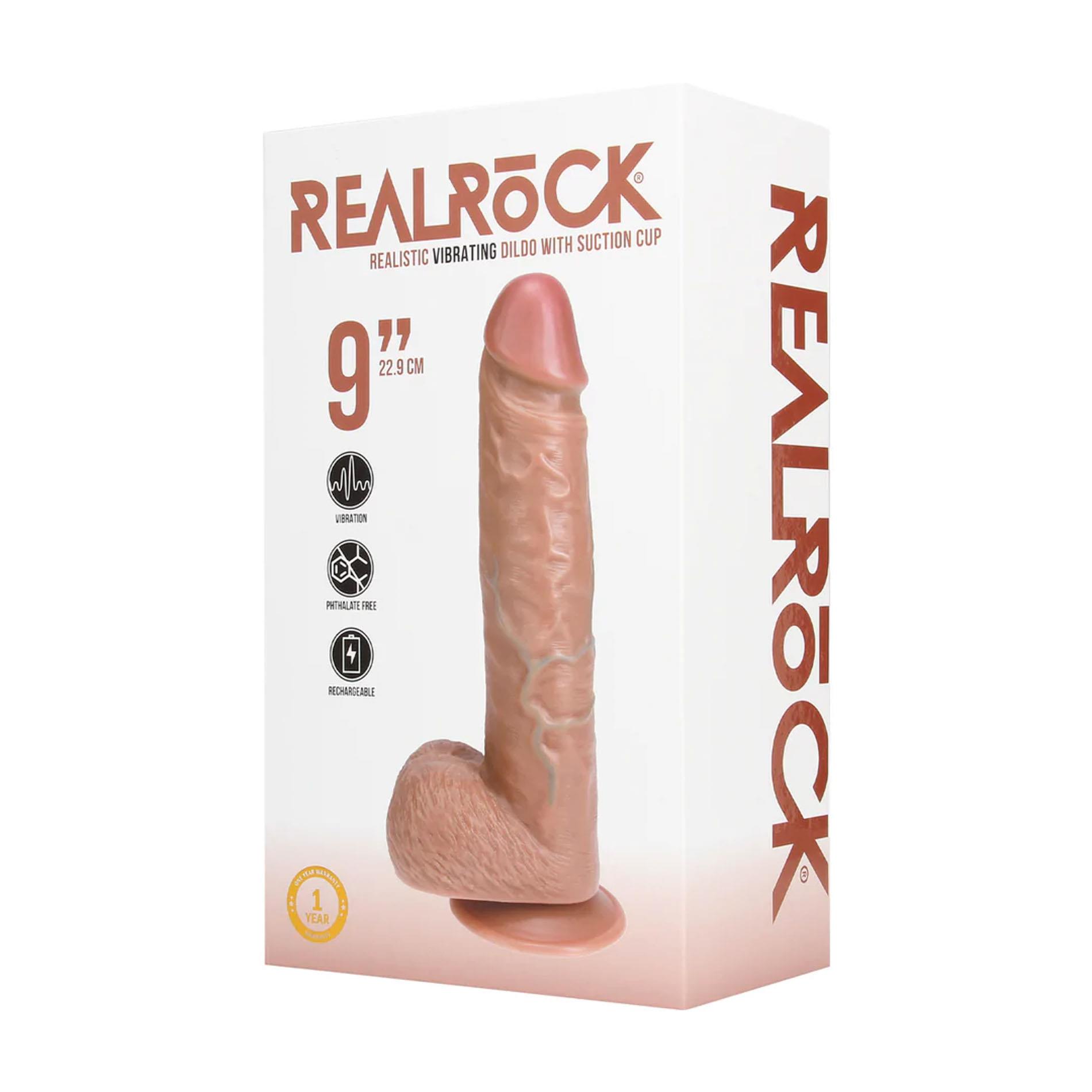 RealRock Vibrating Regular Straight Cock with Balls - Dildo, Brązowy, 23 cm
