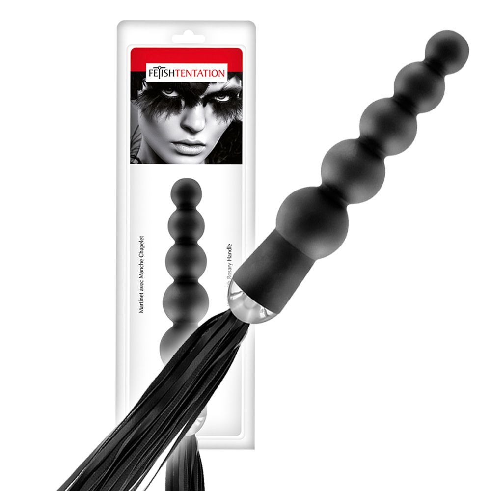 Flogger ze stymulatorem analnym Fetish Tentation Whip with Rosary Handle, 49 cm (czarny)