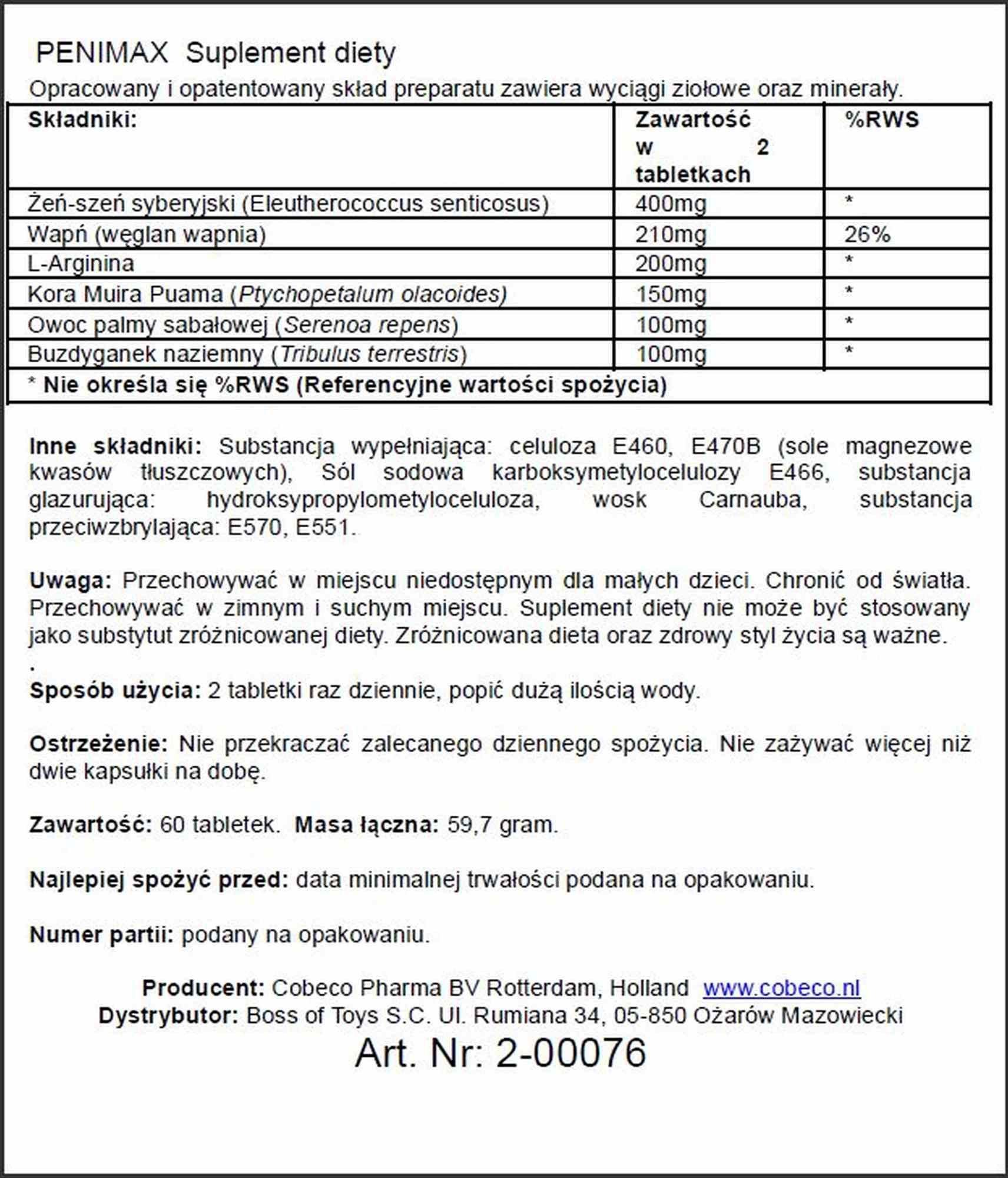 Таблетки для увеличения пениса Cobeco Pharma Penimax Penis Fit Tabs, 60 шт