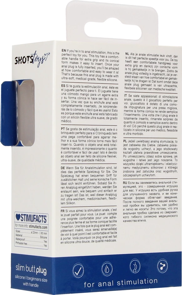 Korek analny ShotsToys Slim Butt Plug, 8.3 cm (niebieski)