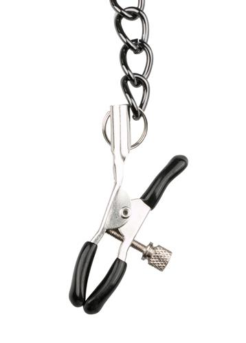 Easytoys Leather Collar With Nipple Chains - Zaciski na sutki, Czarny