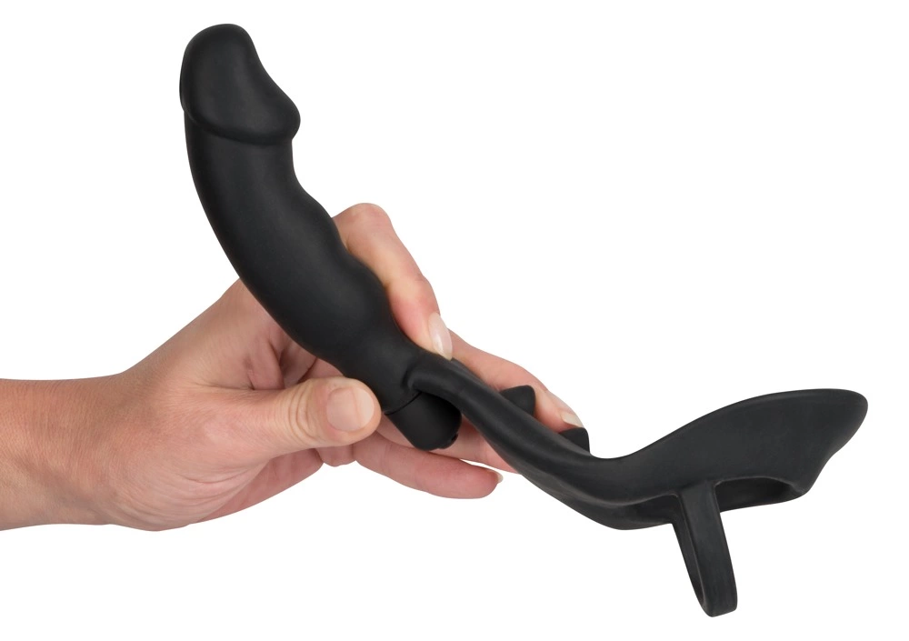Black Velvets - Wibrujący pierścień erekcyjny z korkiem analnym, Czarny, 13.5 cm
