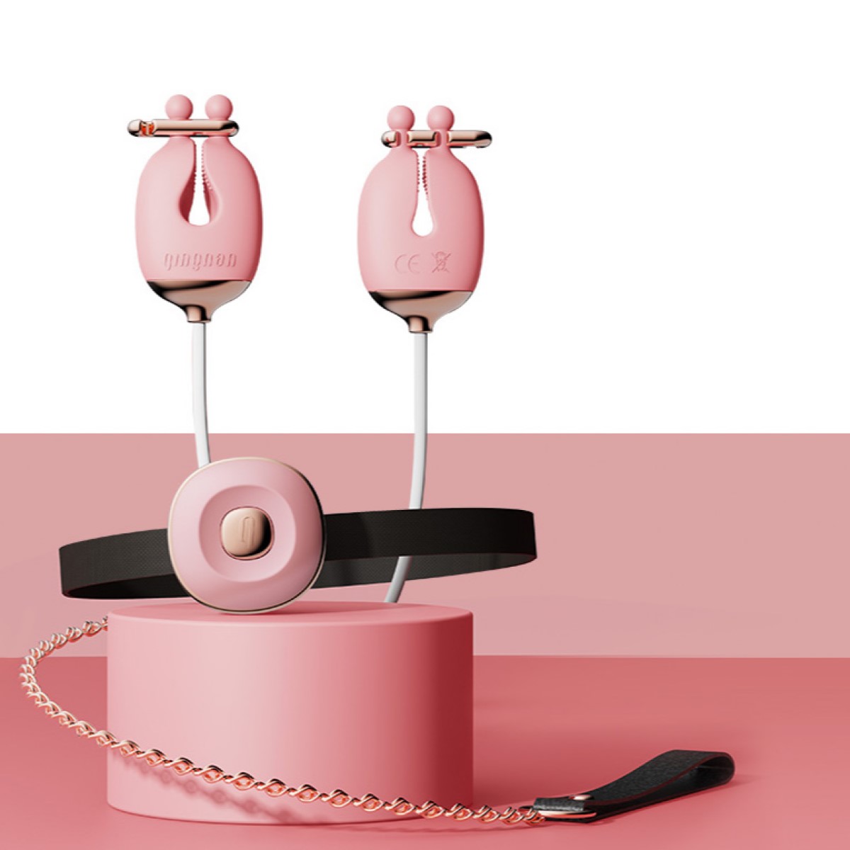 Qingnan No.2 Vibrating Nipple Clamps and Choker Set - Zaciski na sutki, Różowy, 86 cm