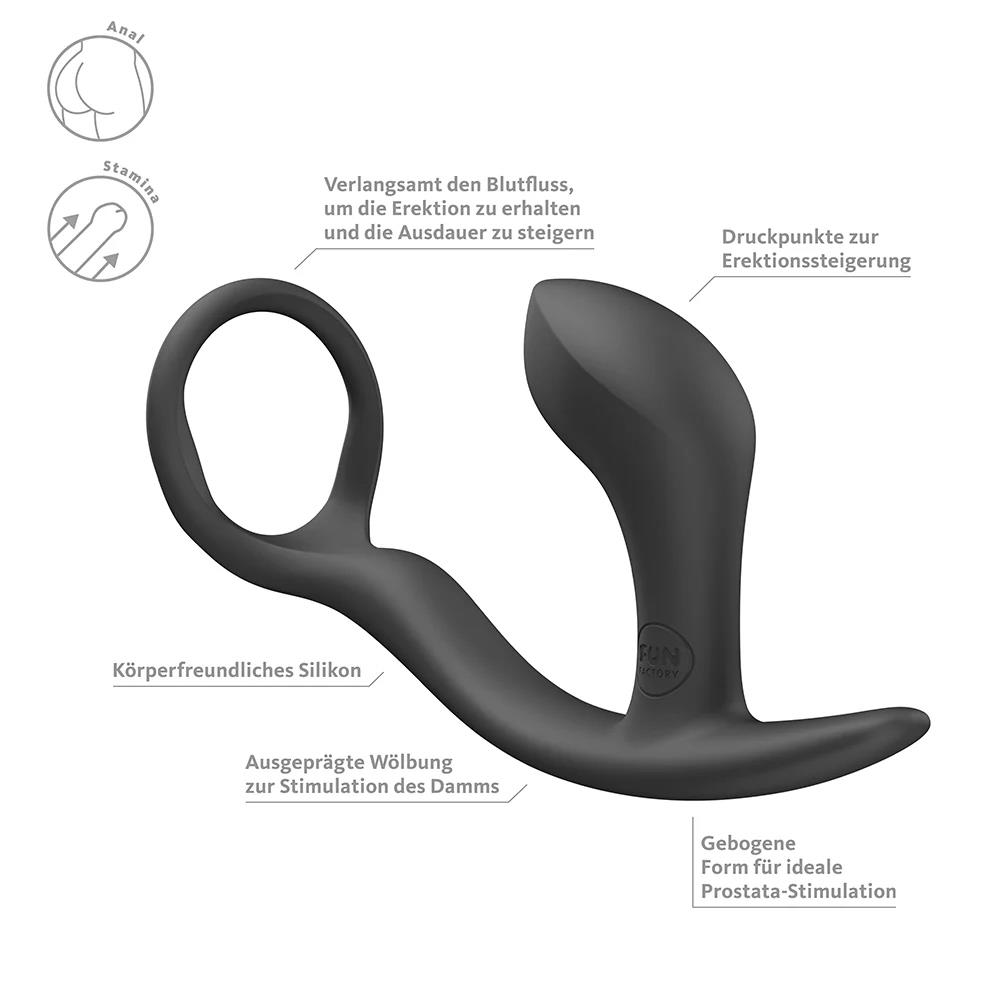Korek analny z pierścieniem erekcyjnym Fun Factory Bootie Ring, 6.7 cm (czarny)