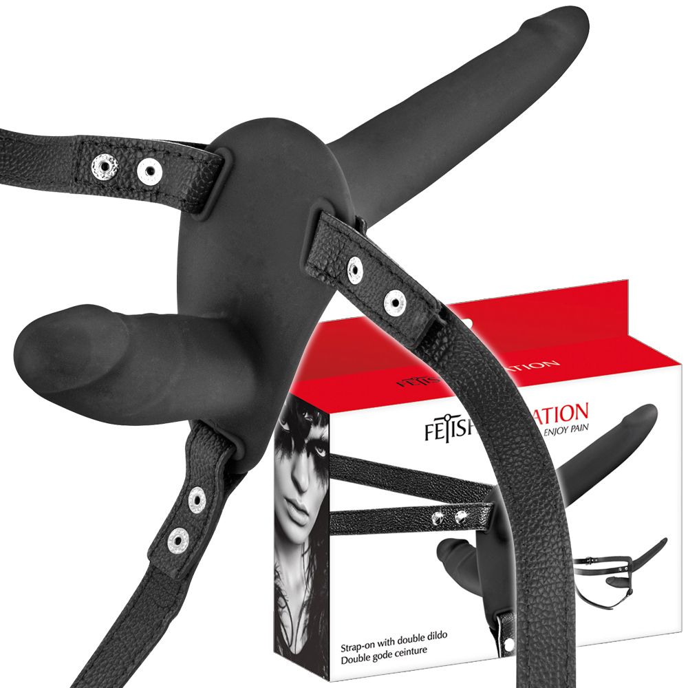 Двойной страпон Fetish Tentation Strap-On With Double Dildo, 15 см (черный)