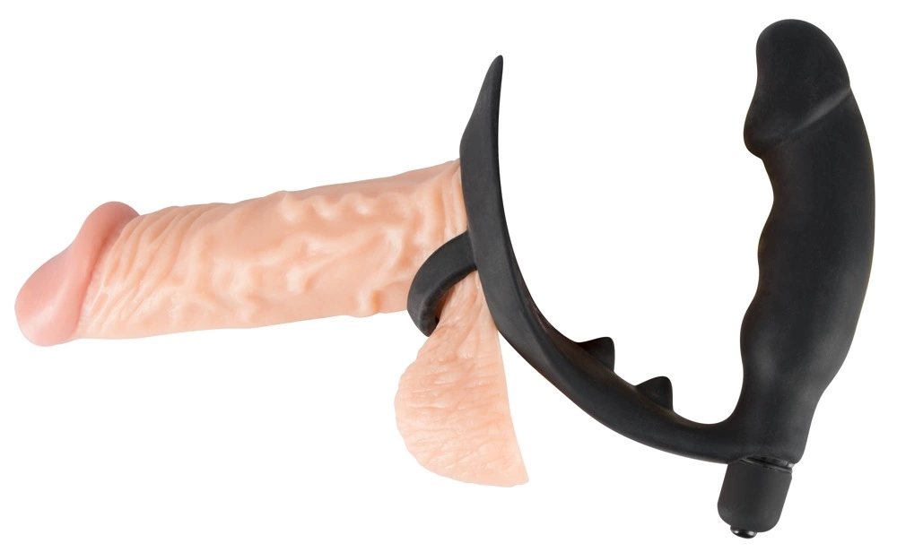 Black Velvets - Wibrujący pierścień erekcyjny z korkiem analnym, Czarny, 13.5 cm
