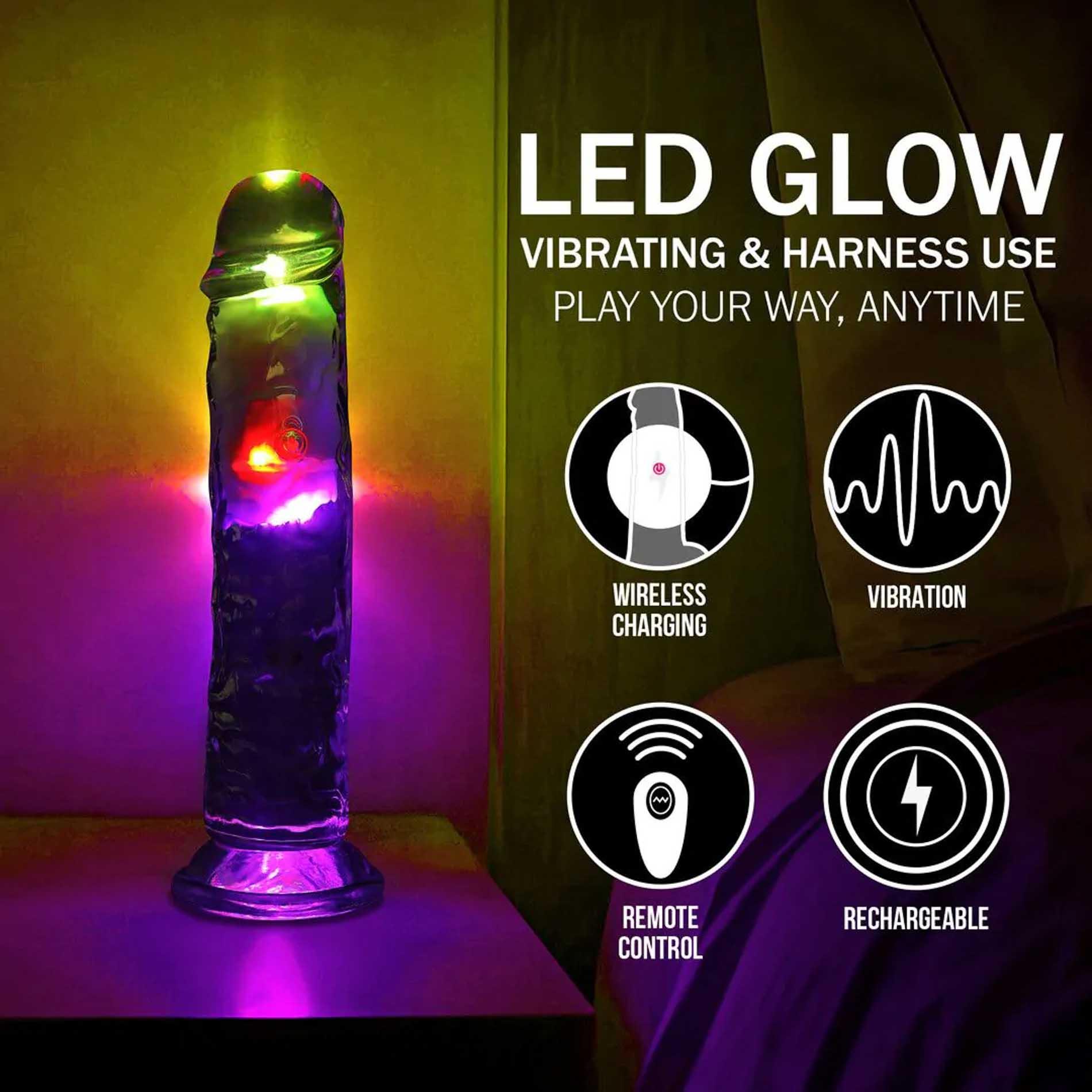 RealRock LED Vibrating Straight Cock - Dildo, Przezroczysty, 20 cm